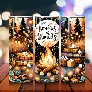 Bonfires & Blankets 20oz Tumbler • Fall Cozy Campfire Cup w/ Straw • Autumn Gift